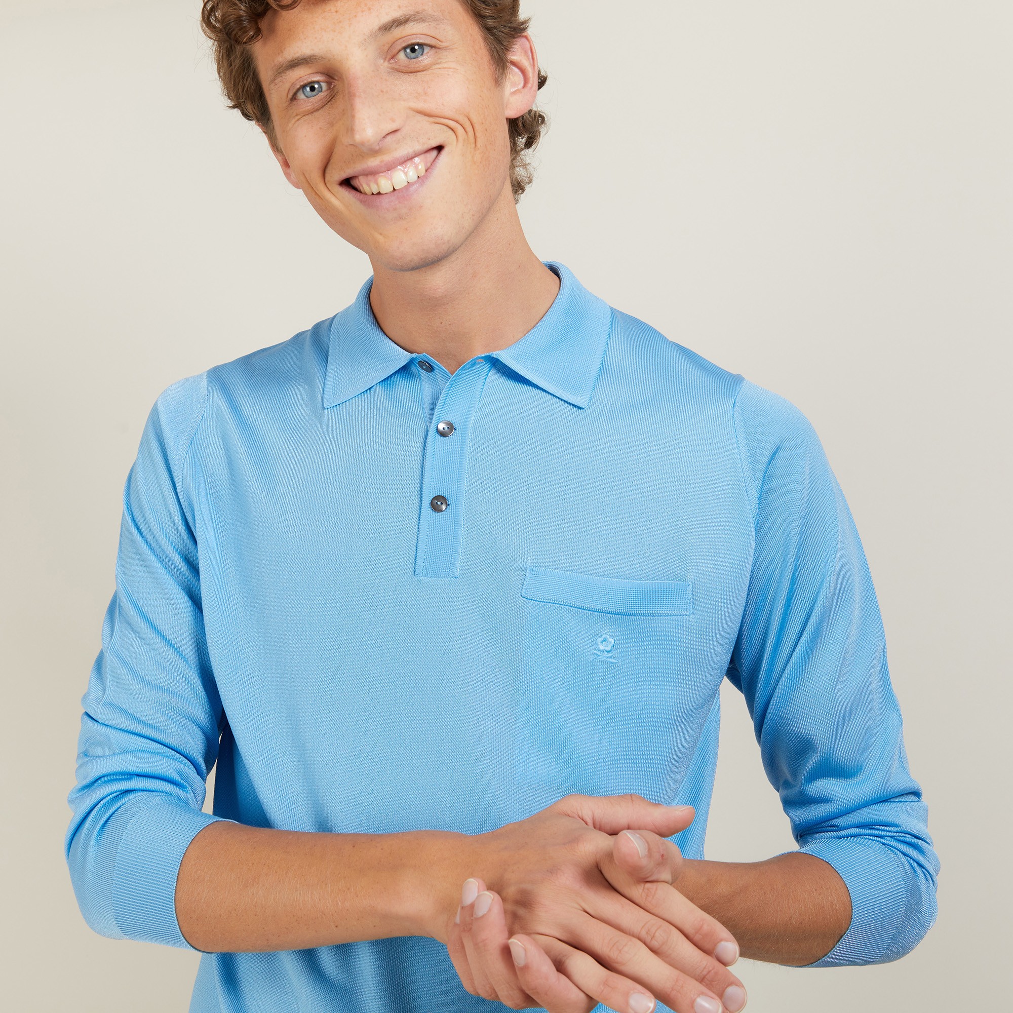 Polo manches longues homme en Fil Lumière Boris 2750 perruche - 06 Bleu moyen 