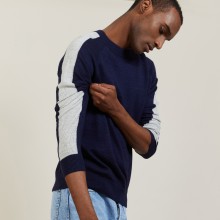 Pull bicolore col rond en lin cachemire - Perry 7321 marine/givre - 05 Bleu marine