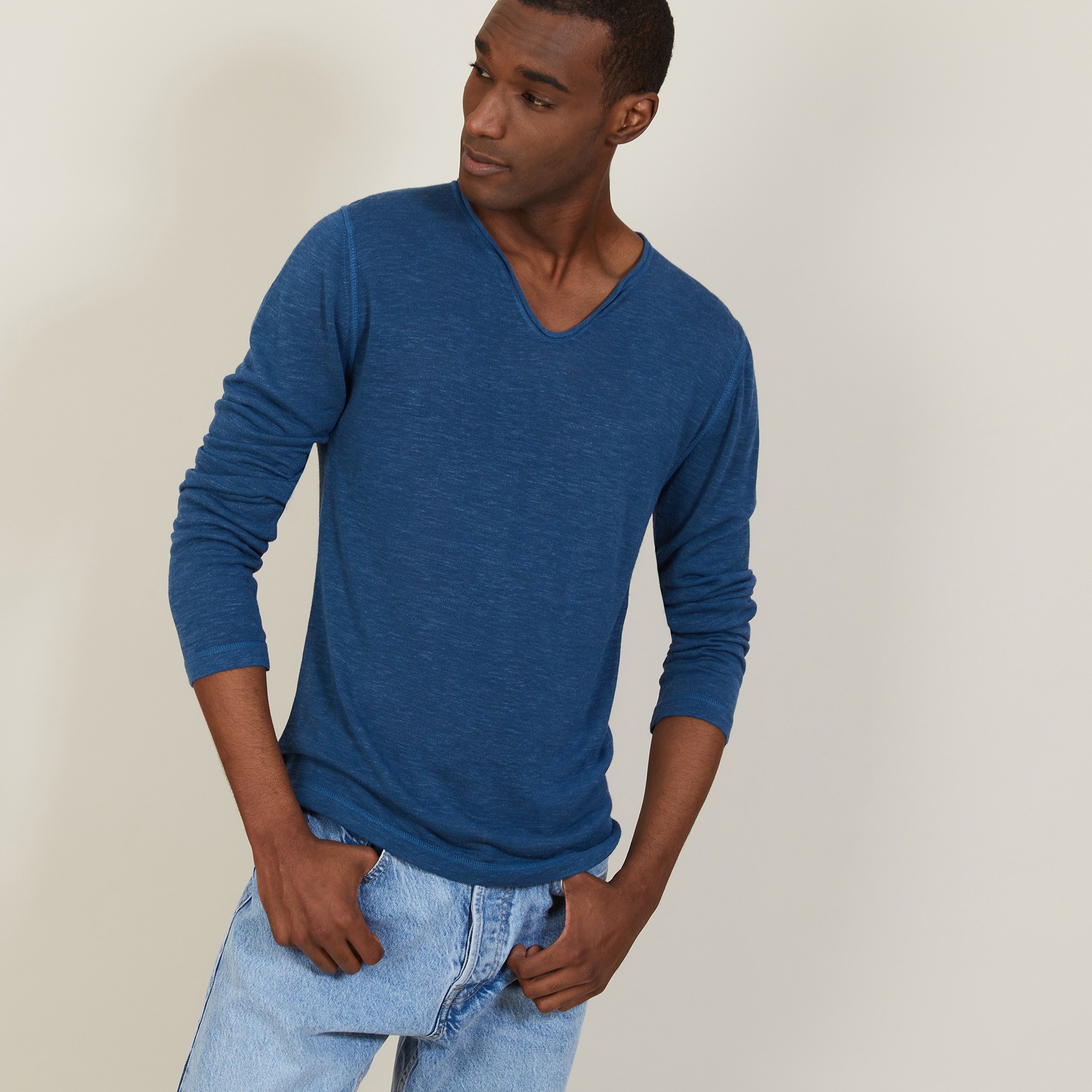 T-shirt col tunisien en lin flammé - Blayne 7241 corsaire - 06 Bleu moyen