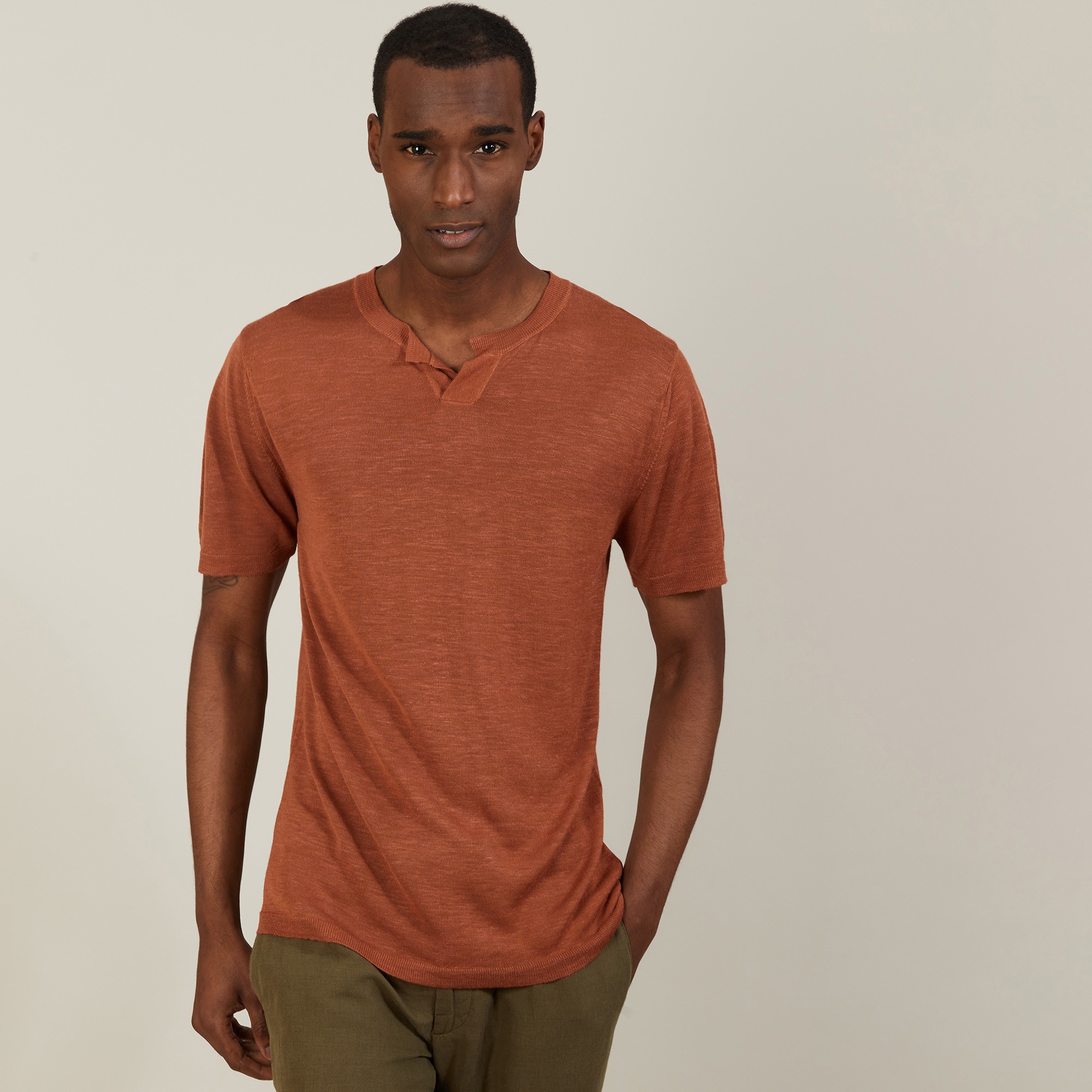 T-shirt col tunisien en lin flammé - Baraka 7230 epice - 46 Marron clair