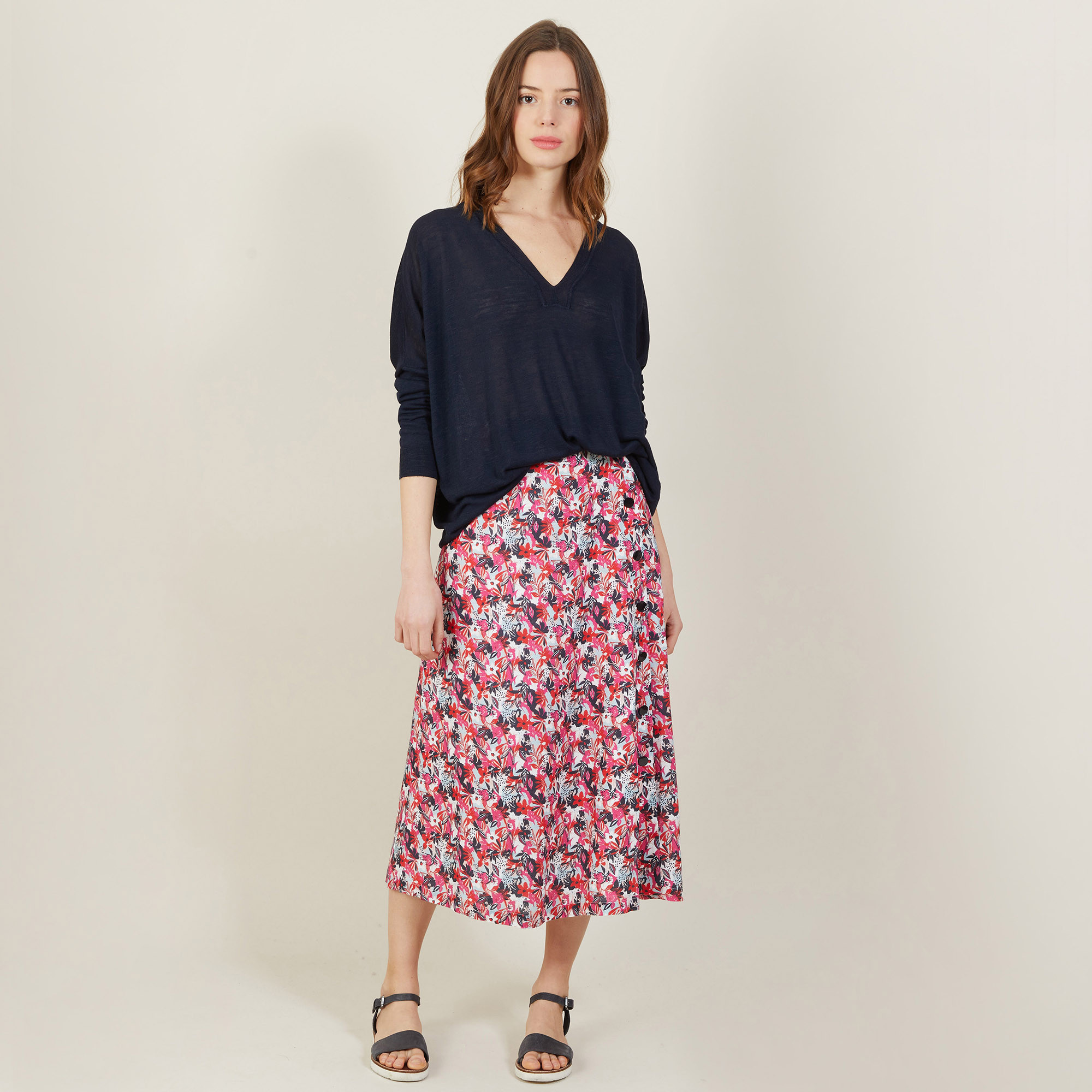 T-shirt ample col v en lin flammé - Beja 7240 marine - 05 Bleu marine