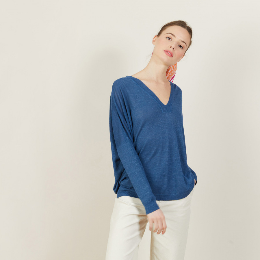 Loose-fit slub linen V-neck T-shirt - Beja