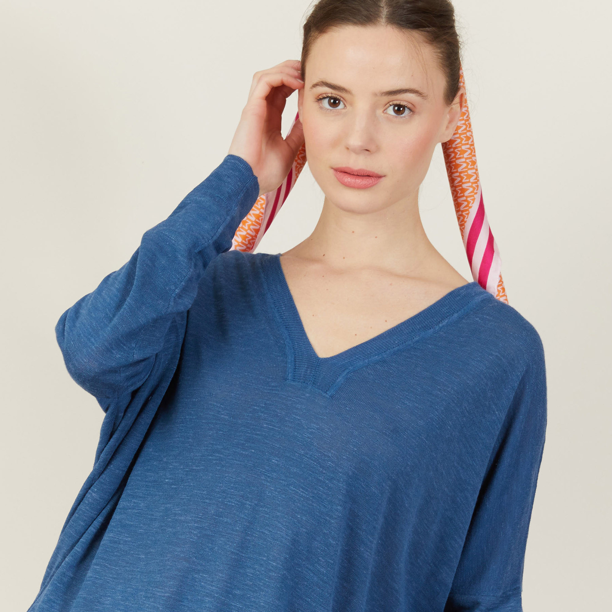 T-shirt ample col v en lin flammé - Beja 7241 corsaire - 06 Bleu moyen