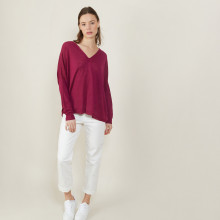 T-shirt ample col v en lin flammé - Beja 7282 rubis - 51 Bordeaux