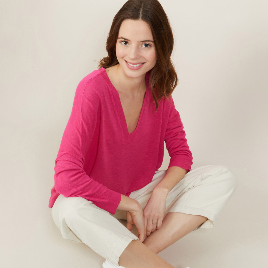 Loose-fit slub linen V-neck T-shirt - Beja