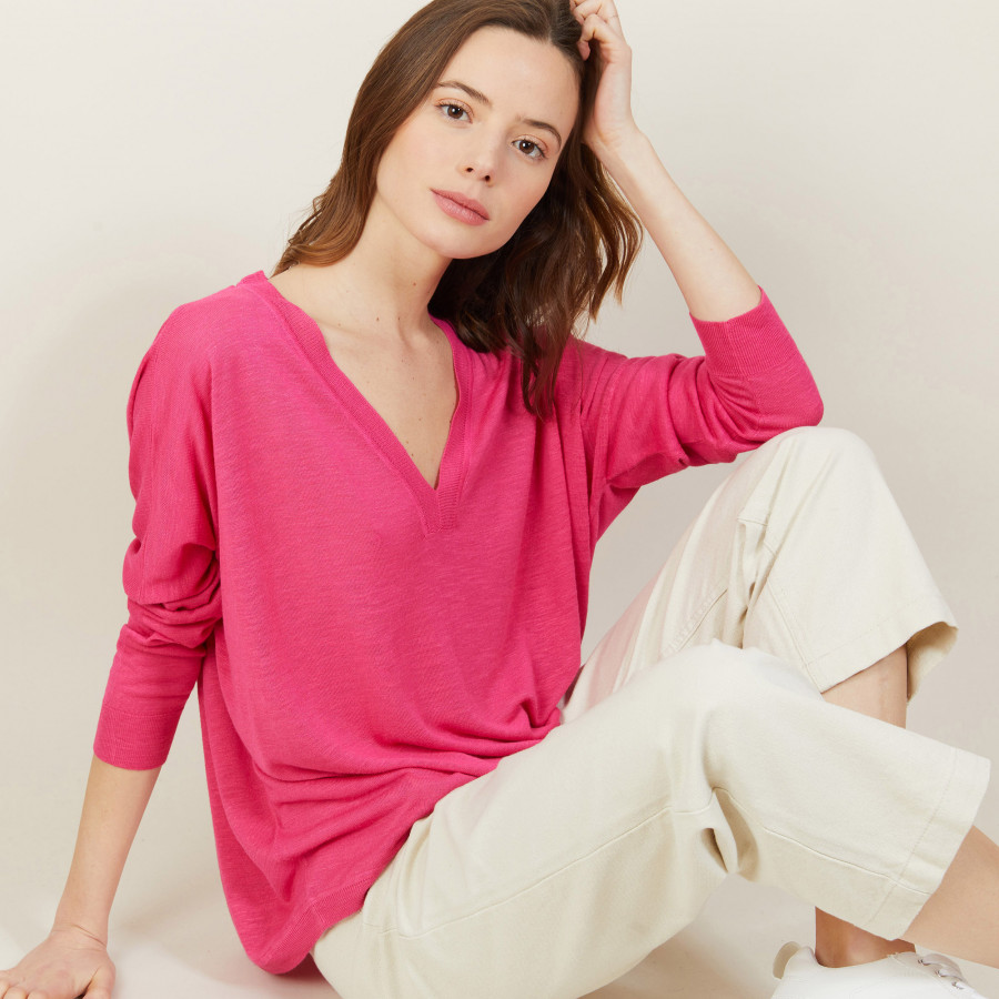 Loose-fit slub linen V-neck T-shirt - Beja