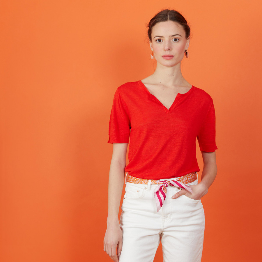 Camiseta gola tunisina em linho flamejado - Boheme