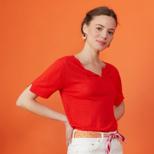 Slub linen t-shirt with Tunisian collar - Boheme