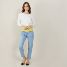 Pull col rond tricolore en coton - Nelda 7324 sahara/mimosa/blanc - 08 Jaune
