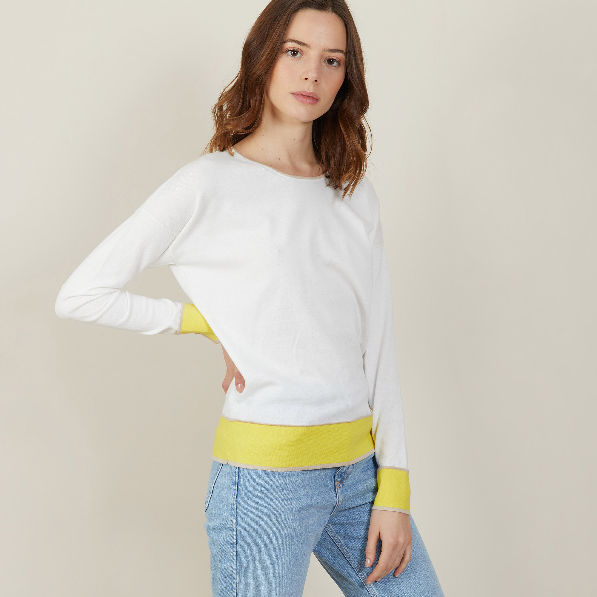 Pull col rond tricolore en coton - Nelda 7324 sahara/mimosa/blanc - 08 Jaune