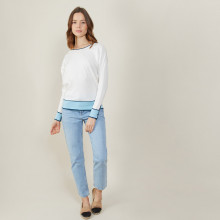 Pull col rond tricolore en coton - Nelda 7324 sahara/mimosa/blanc - 08 Jaune