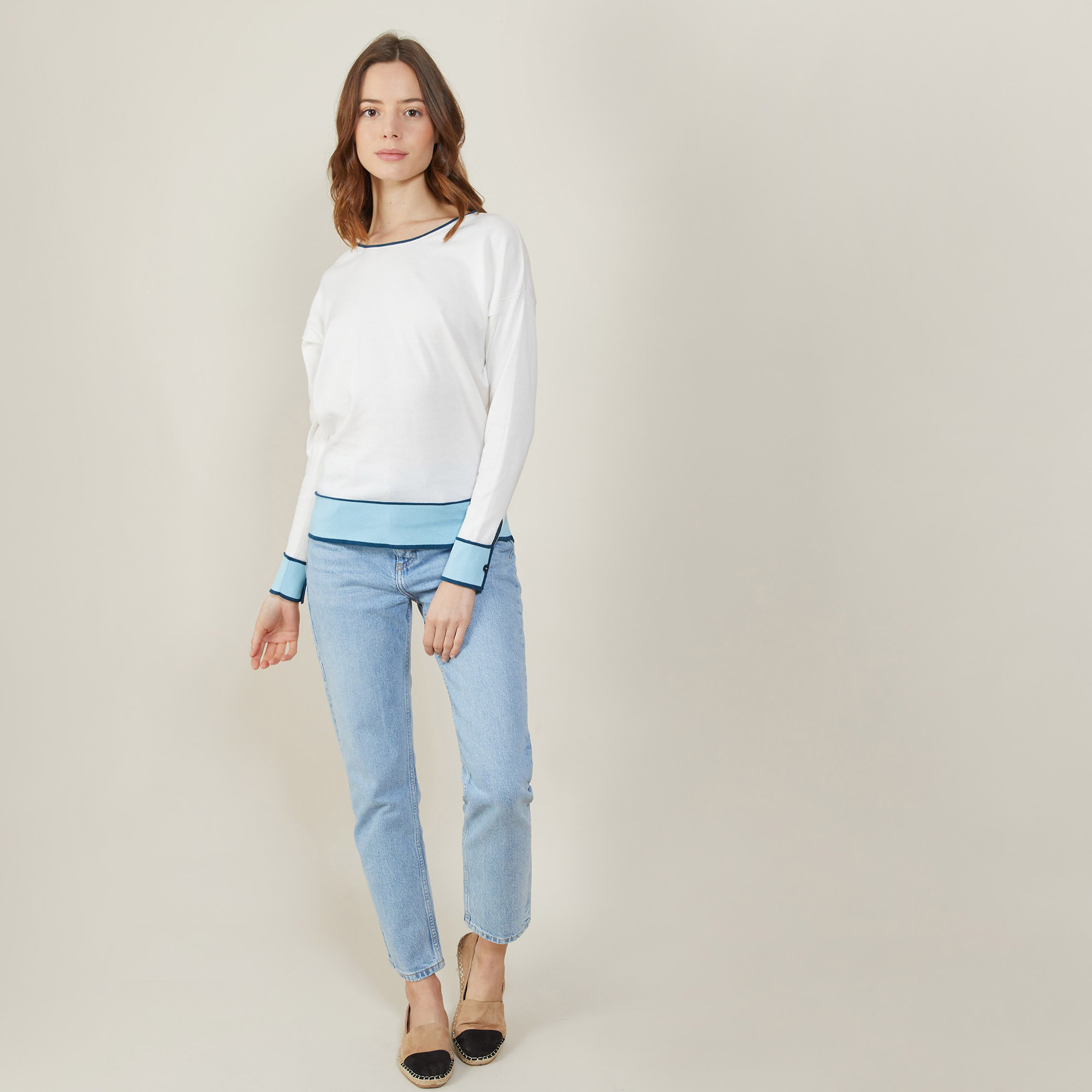 Pull col rond tricolore en coton - Nelda 7324 sahara/mimosa/blanc - 08 Jaune