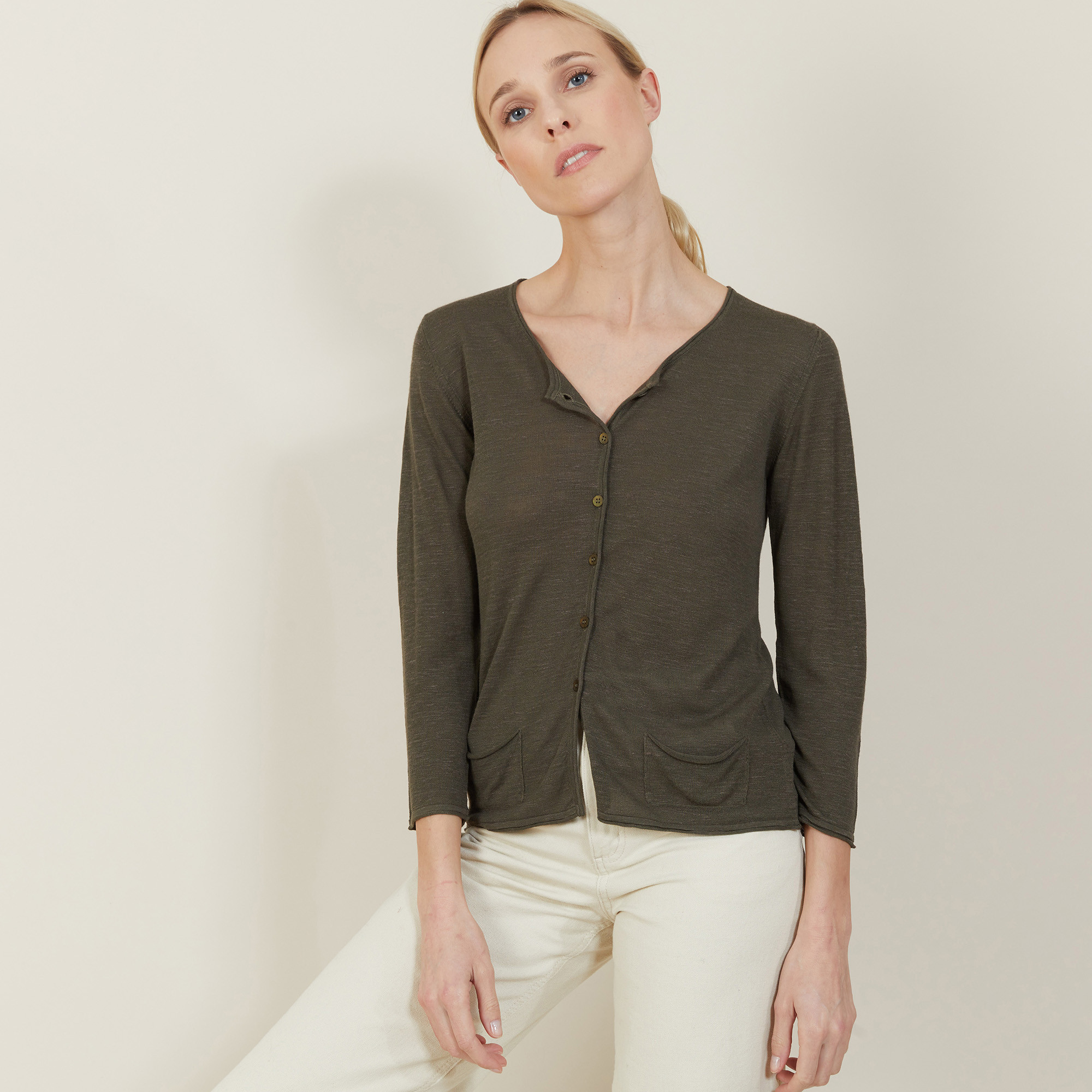 Cardigan à poches en lin flammé - Bao 7212 fusain - 83 Kaki