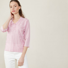 Polo à motif col noué en Fil Lumière - Amara 2733 rose - 24 Rose clair