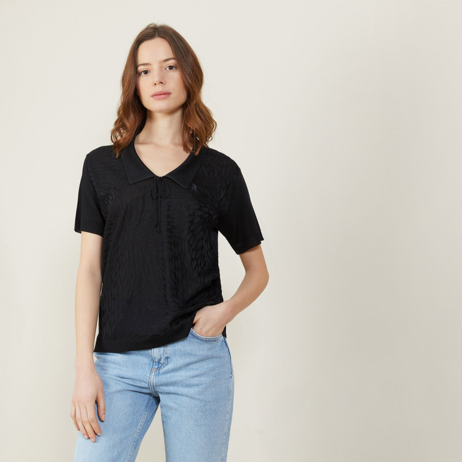 Short-sleeved polo shirt with tie collar - Ava