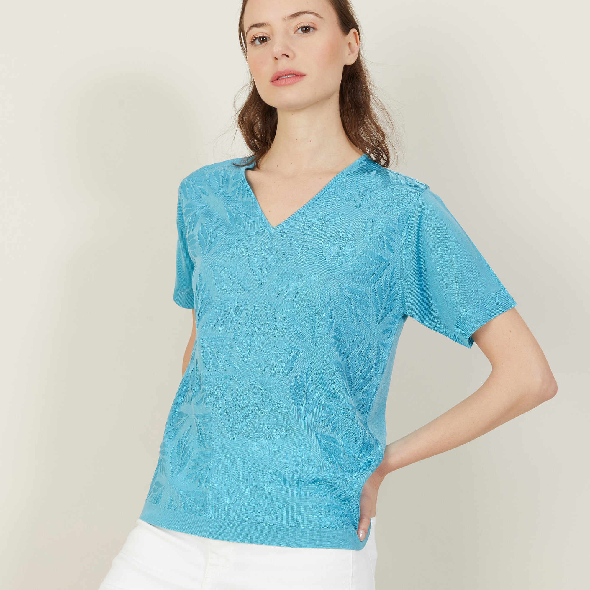 T-shirt col V à motifs en Fil Lumière - Amy 5333 nerifer - 49 Turquoise