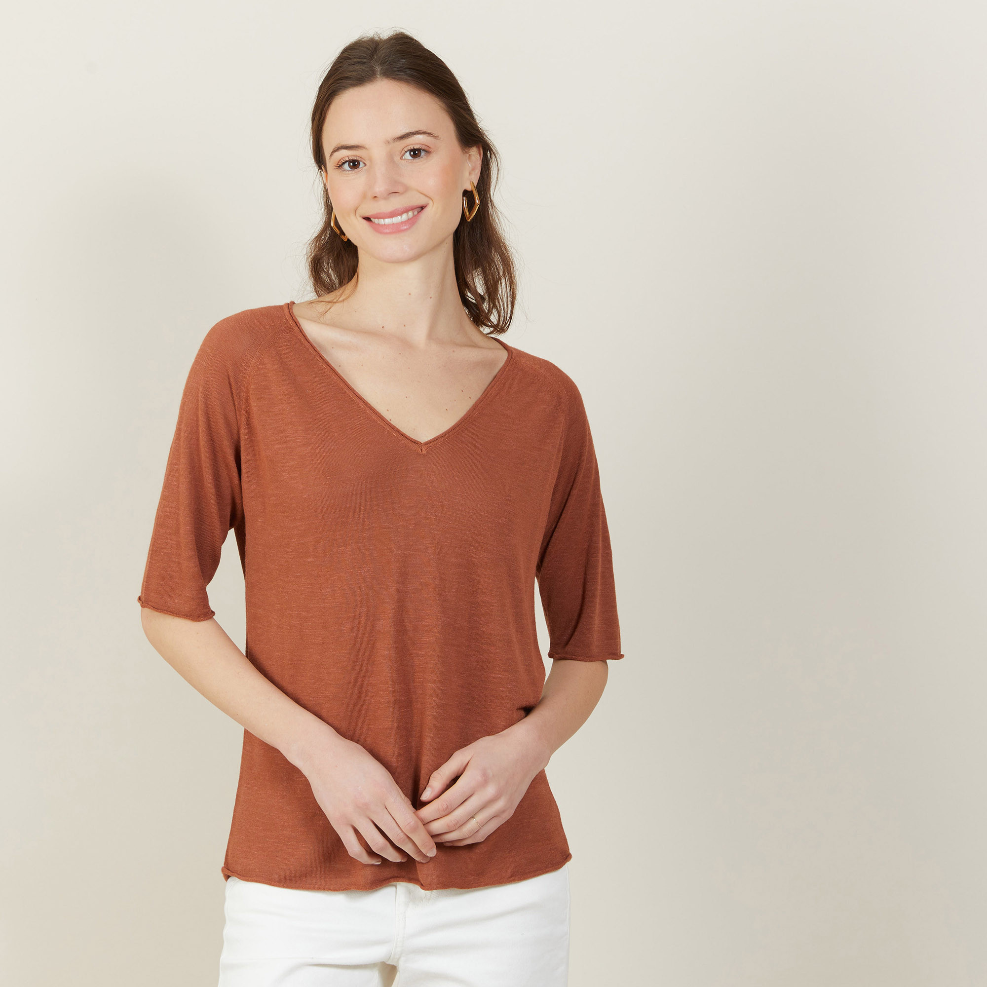 T-shirt manches coudes en lin flammé - Bonbon 7230 epice -  46 Marron clair