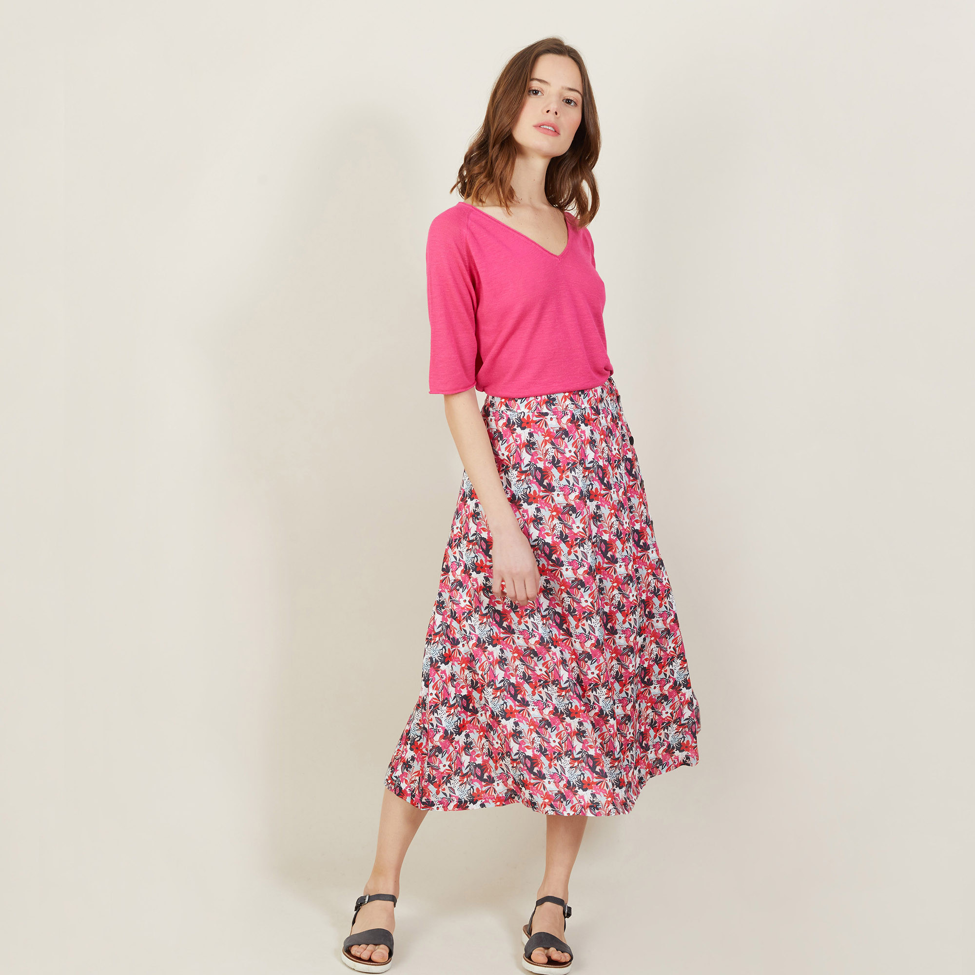 T-shirt manches coudes en lin flammé - Bonbon 7283 corolle - 91 Fuchsia