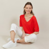 T-shirt manches coudes en lin flammé - Bonbon 7280 ecarlate - 52 Rouge