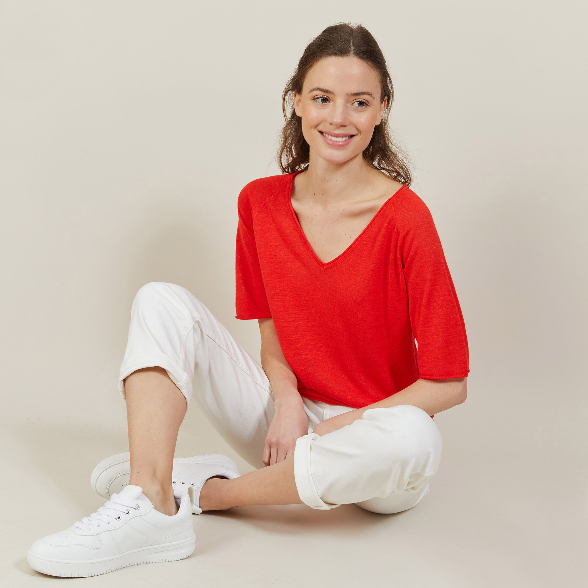 T-shirt manches coudes en lin flammé - Bonbon 7280 ecarlate - 52 Rouge