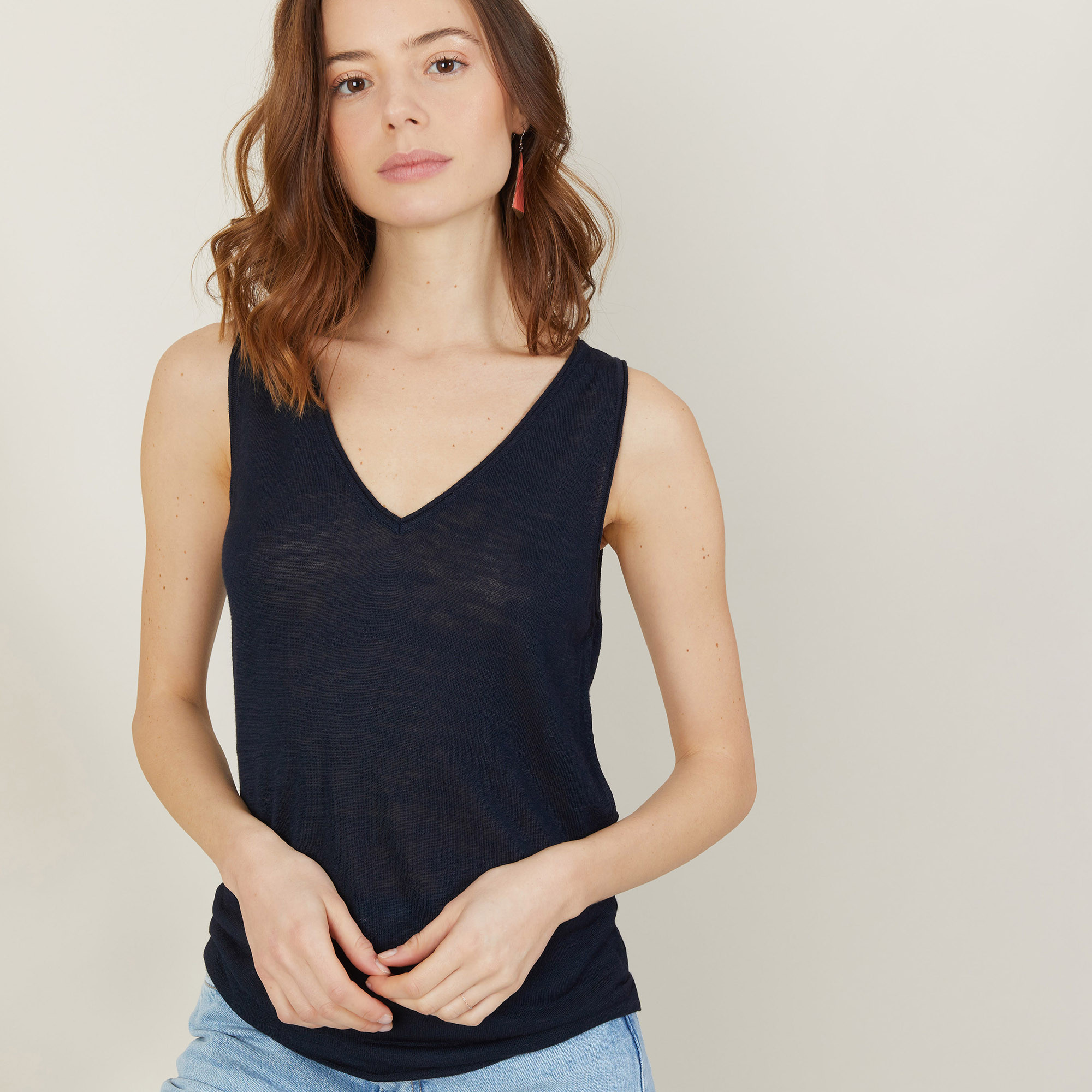 Débardeur col V en lin flammé - Boréal 7240 marine - 05 Bleu marine