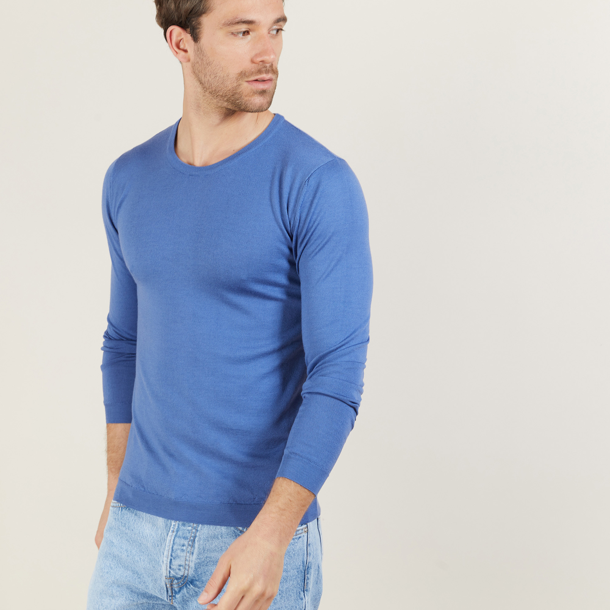 Pull ras du cou en laine mérinos - Bertille 6042 flot - 06 Bleu moyen