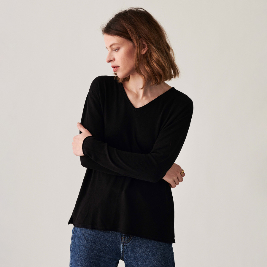 Long-sleeved bamboo cashmere t-shirt with slits - Aeline