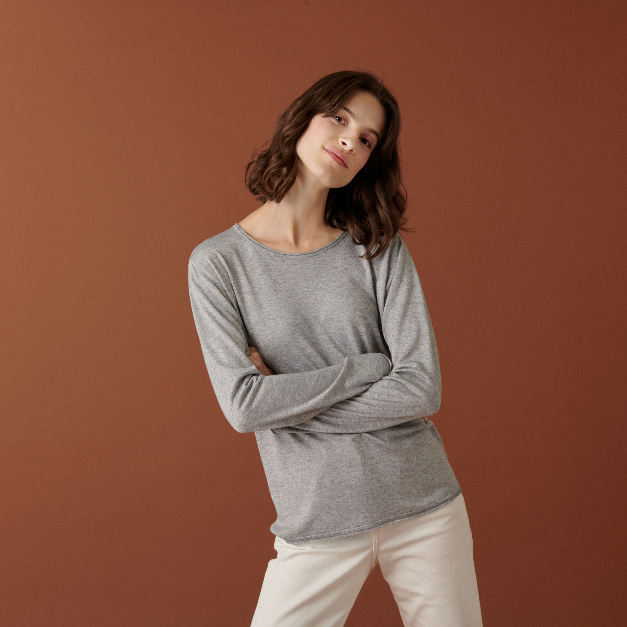 Bamboo cashmere button-down t-shirt round neck fine knit - Aelia