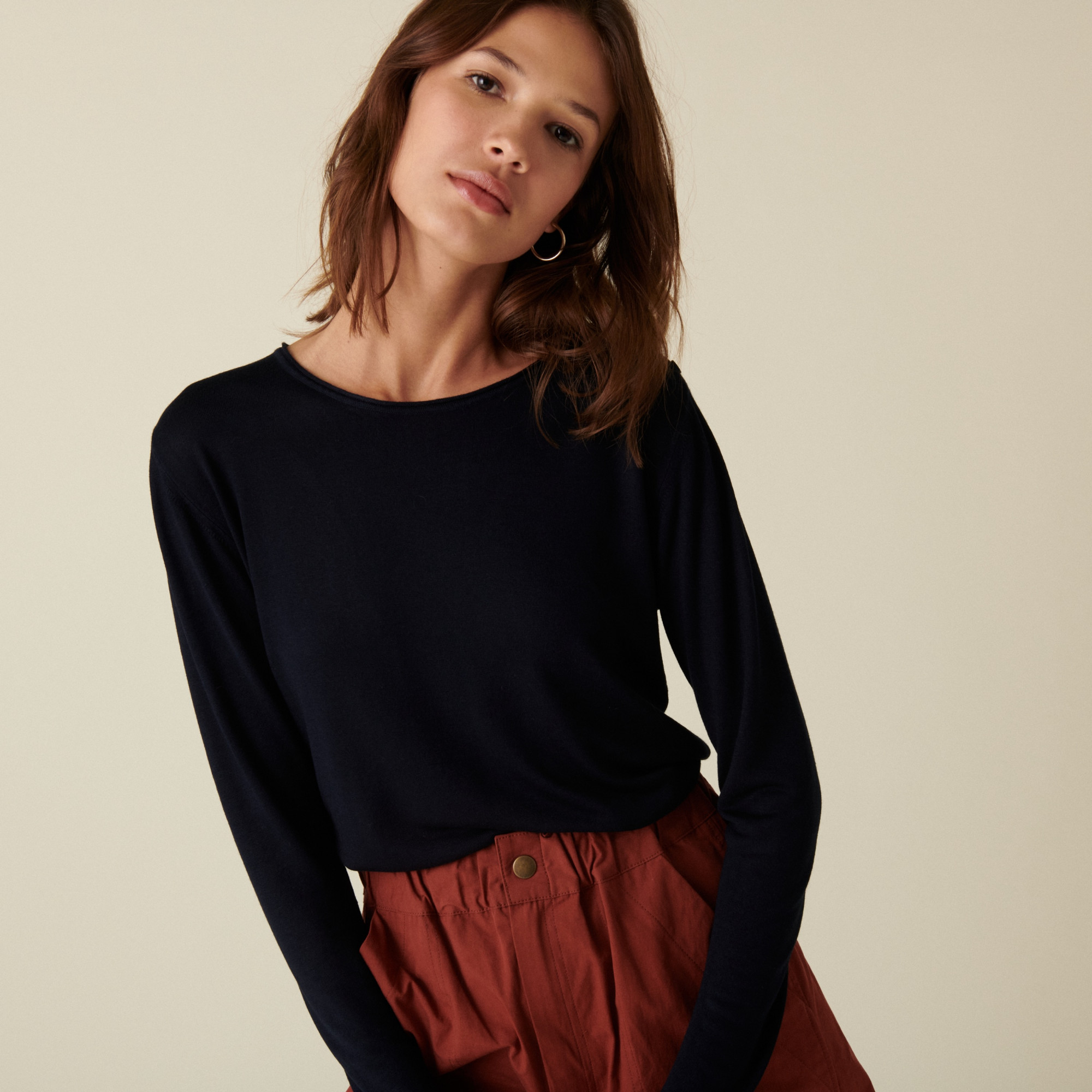 Bamboo cashmere button-down t-shirt round neck fine knit - Aelia