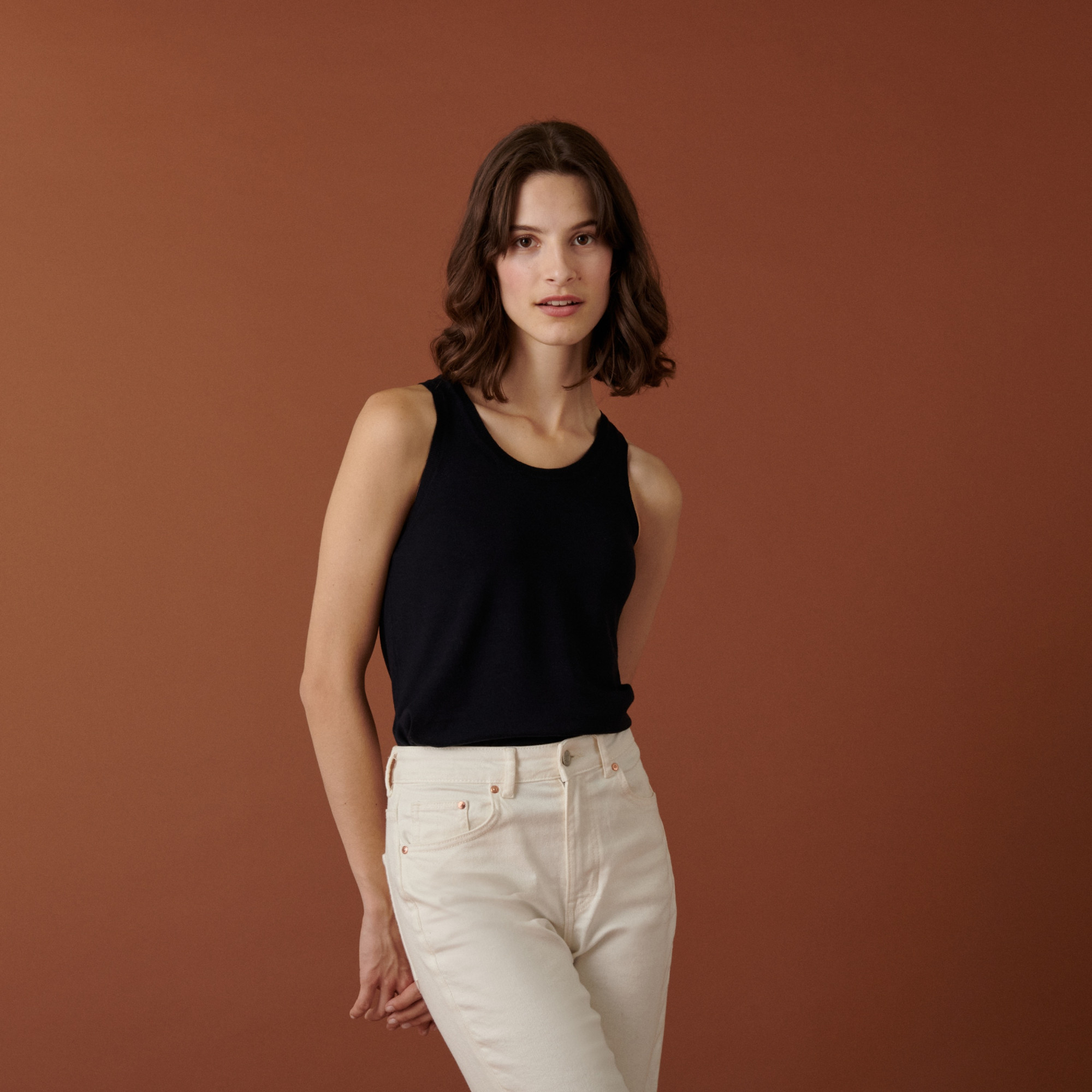 Débardeur col rond à point jersey en laine mérinos - Antenia 7440 marine - 05 Bleu marine