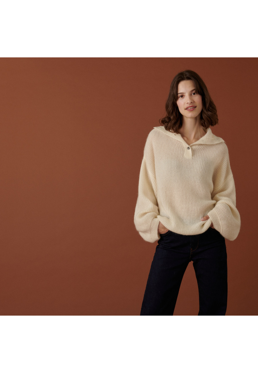 Pull oversize boutonné en mohair - Clea 7403 ecru - 82 Ecru