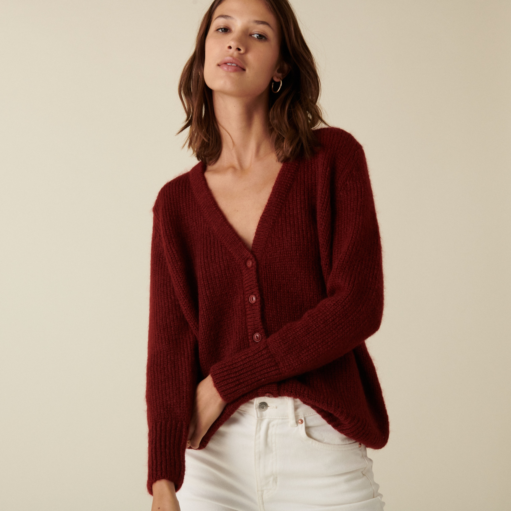 Cardigan boutonné col V en mohair - Anais 7485 brique - 20 Rouge foncé