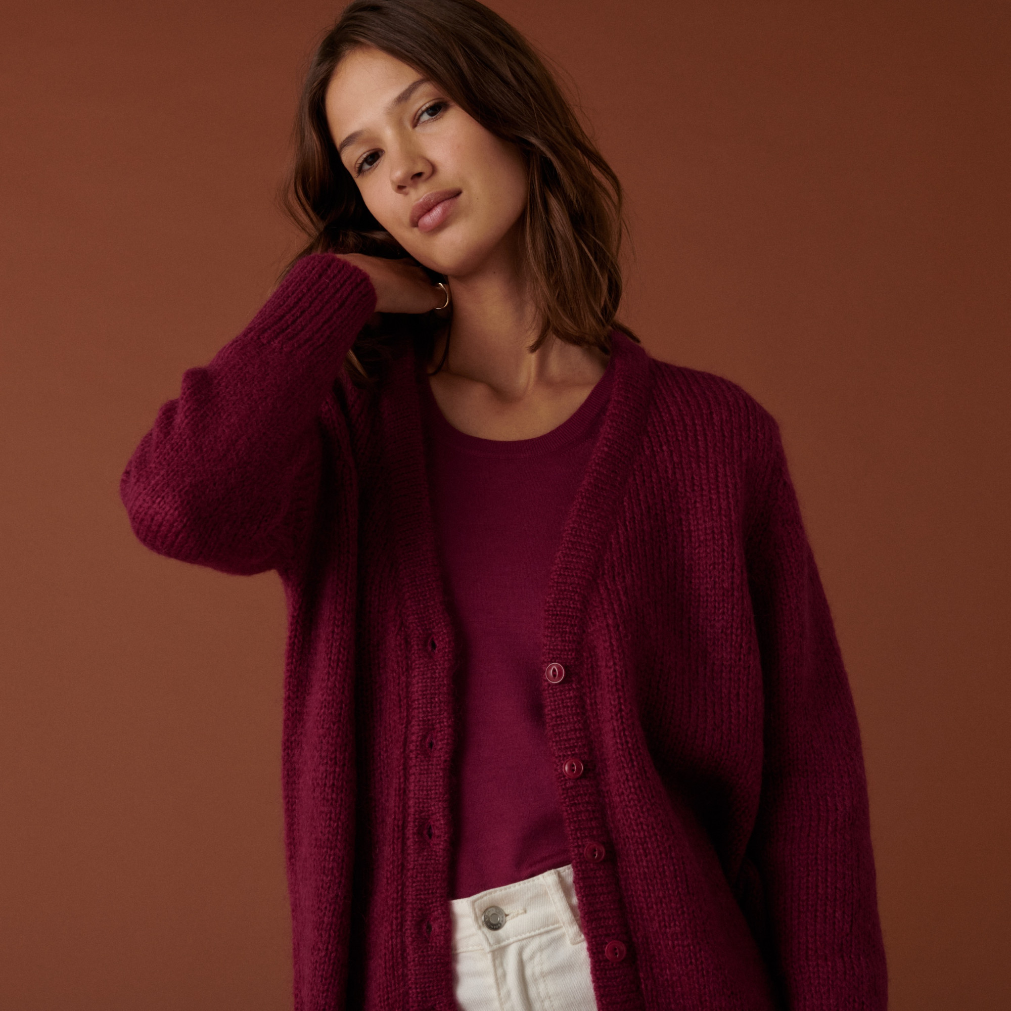 Cardigan boutonné col V en mohair - Anais 7482 griotte - 51 Bordeaux