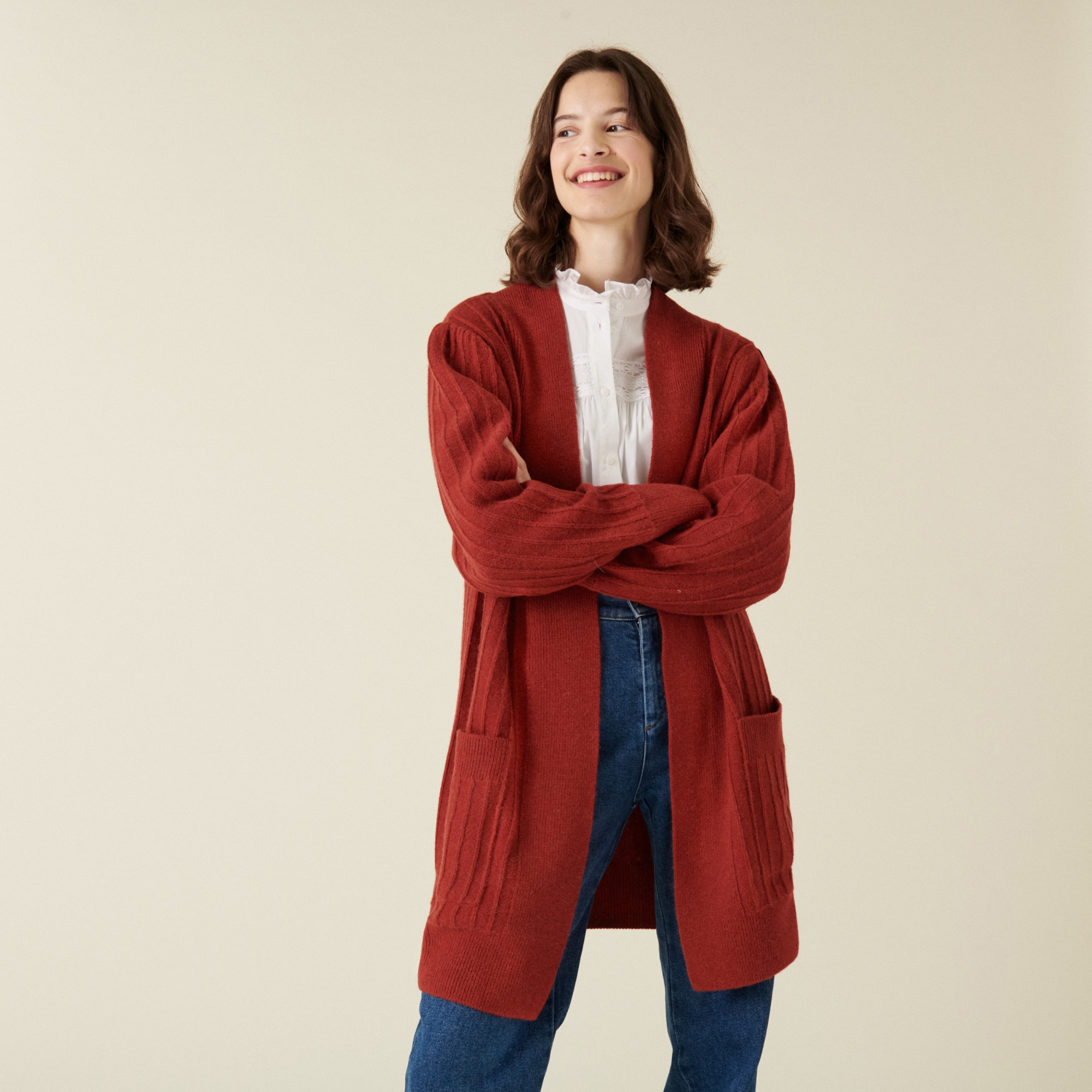 Long alpaca wool cardigan with balloon sleeves - Damy