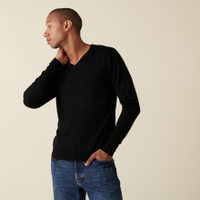 Pull col V avec logo en laine mérinos - Elmo 7410 noir - 01 Noir