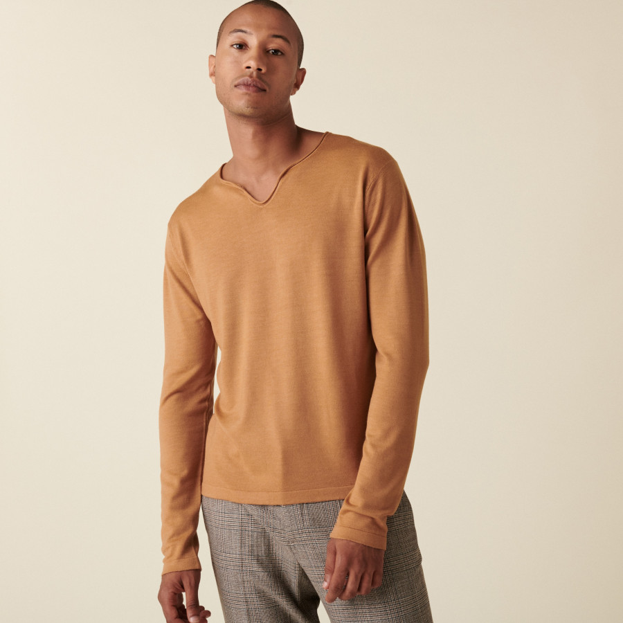 Merino wool sweater with Tunisian collar with logo - Etan