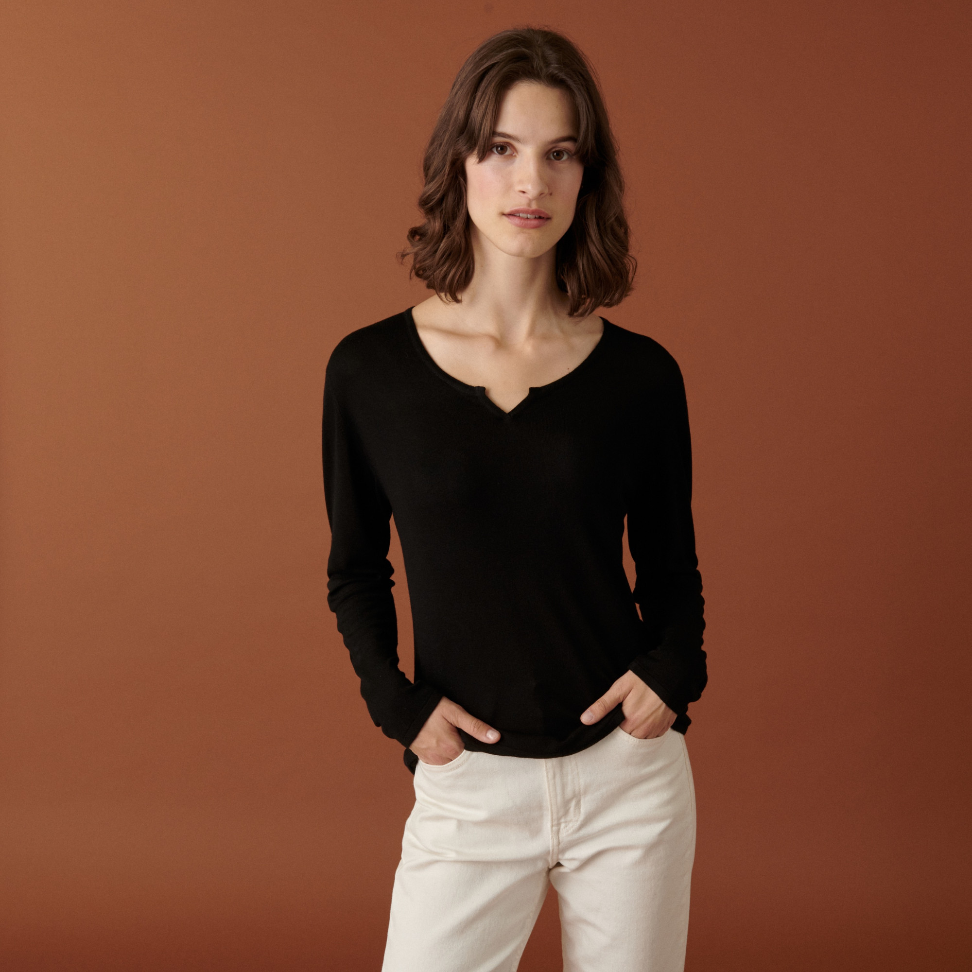 T-shirt col tunisien en bambou cachemire fine maille - Betty 7410 noir - 01 Noir