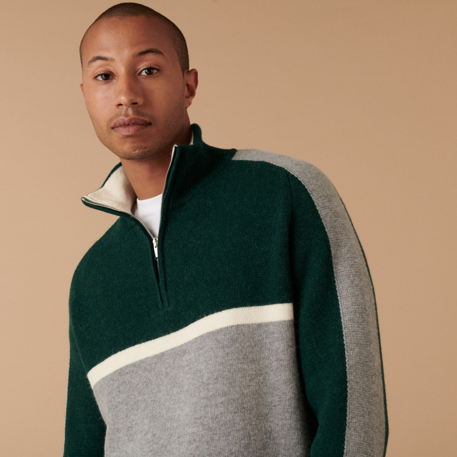 Pull tricolore col camionneur en laine alpaga - Augustin 7552 volute/ecru/sapin - 11 Gris clair 