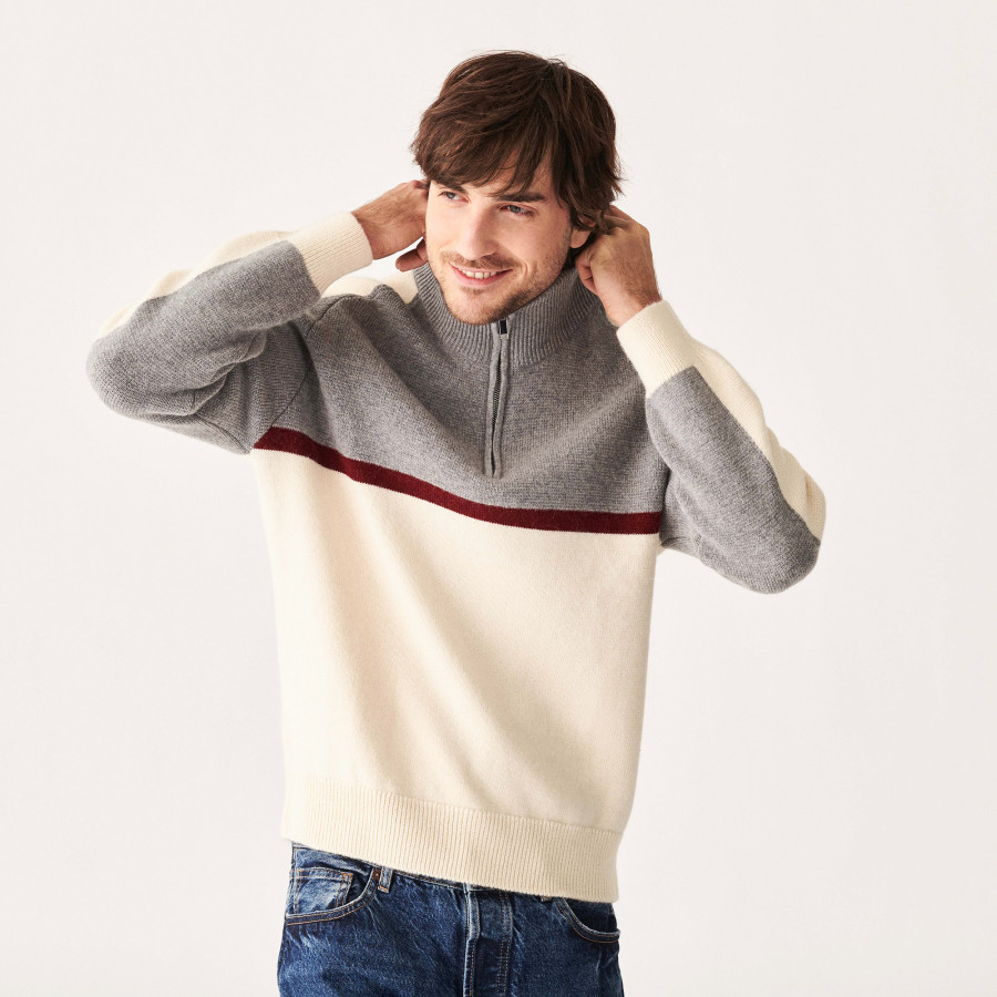 Tricolor alpaca wool sweater with trucker collar - Augustin