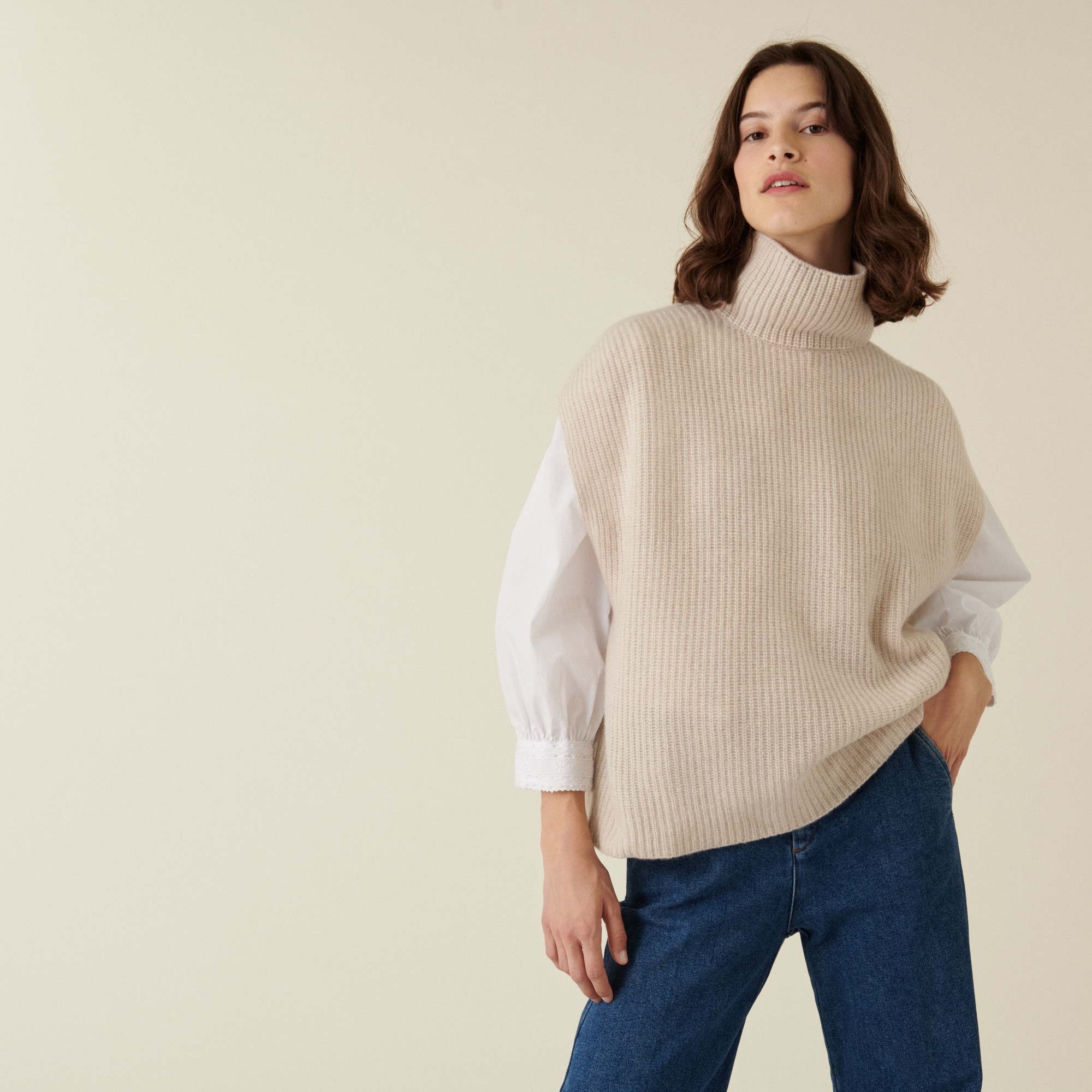 Pull col roulé sans manches en cachemire recyclé - Dalya 7403 ecru - 82 Ecru