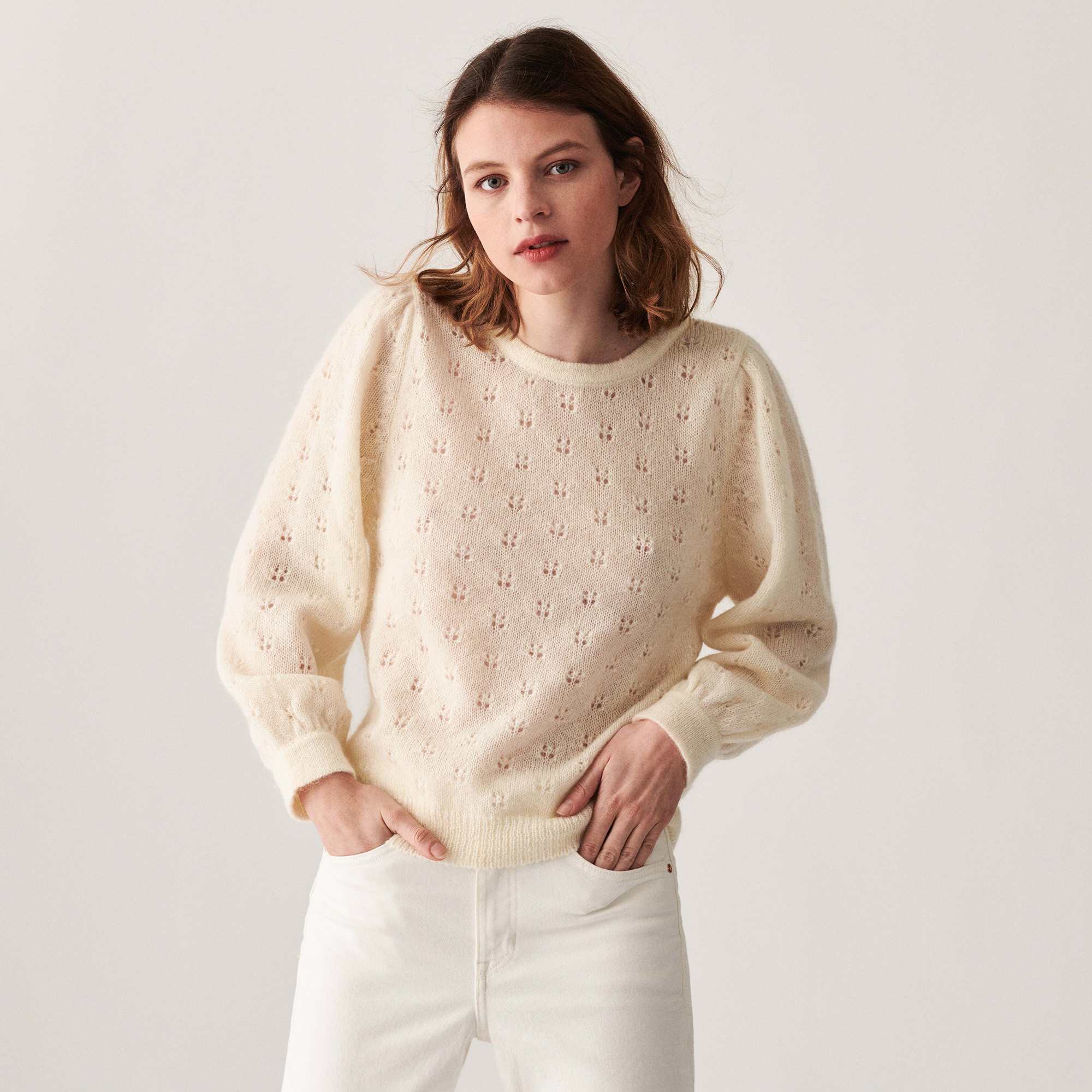 Pull à jeux de point fantaisie en mohair - Camelia 7403 ecru - 82 Ecru