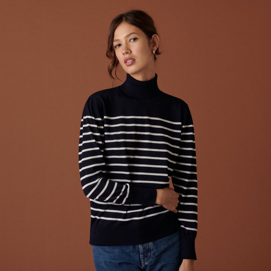 Pull col roulé en laine mérinos finitions bord côtes - Colette 7526 marine/ecru - 05 Bleu marine