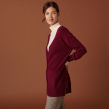 Long cardigan col V en cachemire à fentes et poches - Aden 7482 griotte - 51 Bordeaux