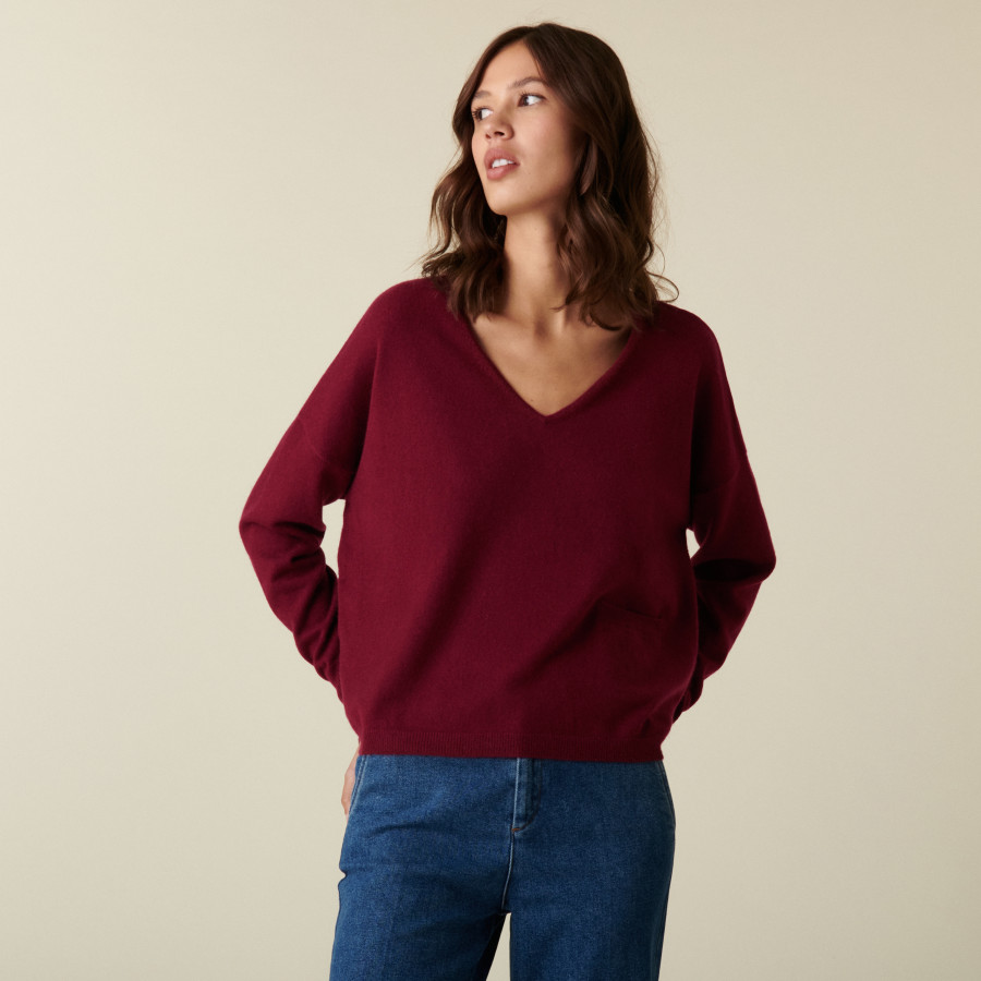 Suéter curto de cashmere com decote em V e bolsos - Balba
