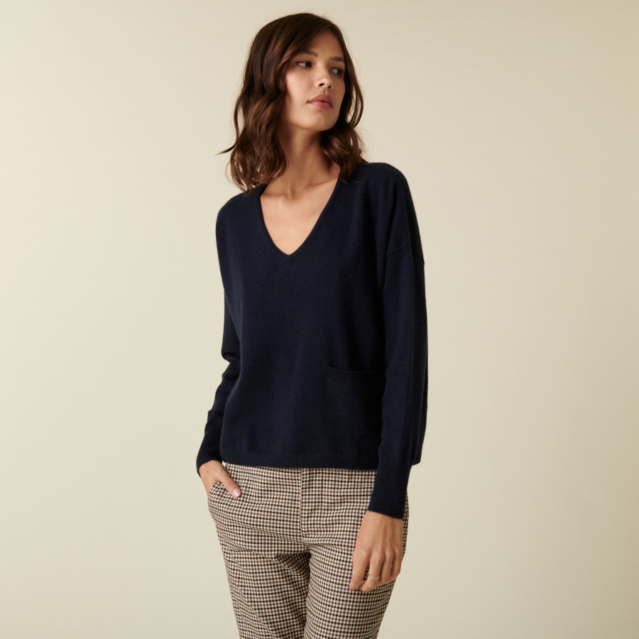 Short cashmere V-neck sweater with pockets - Balba