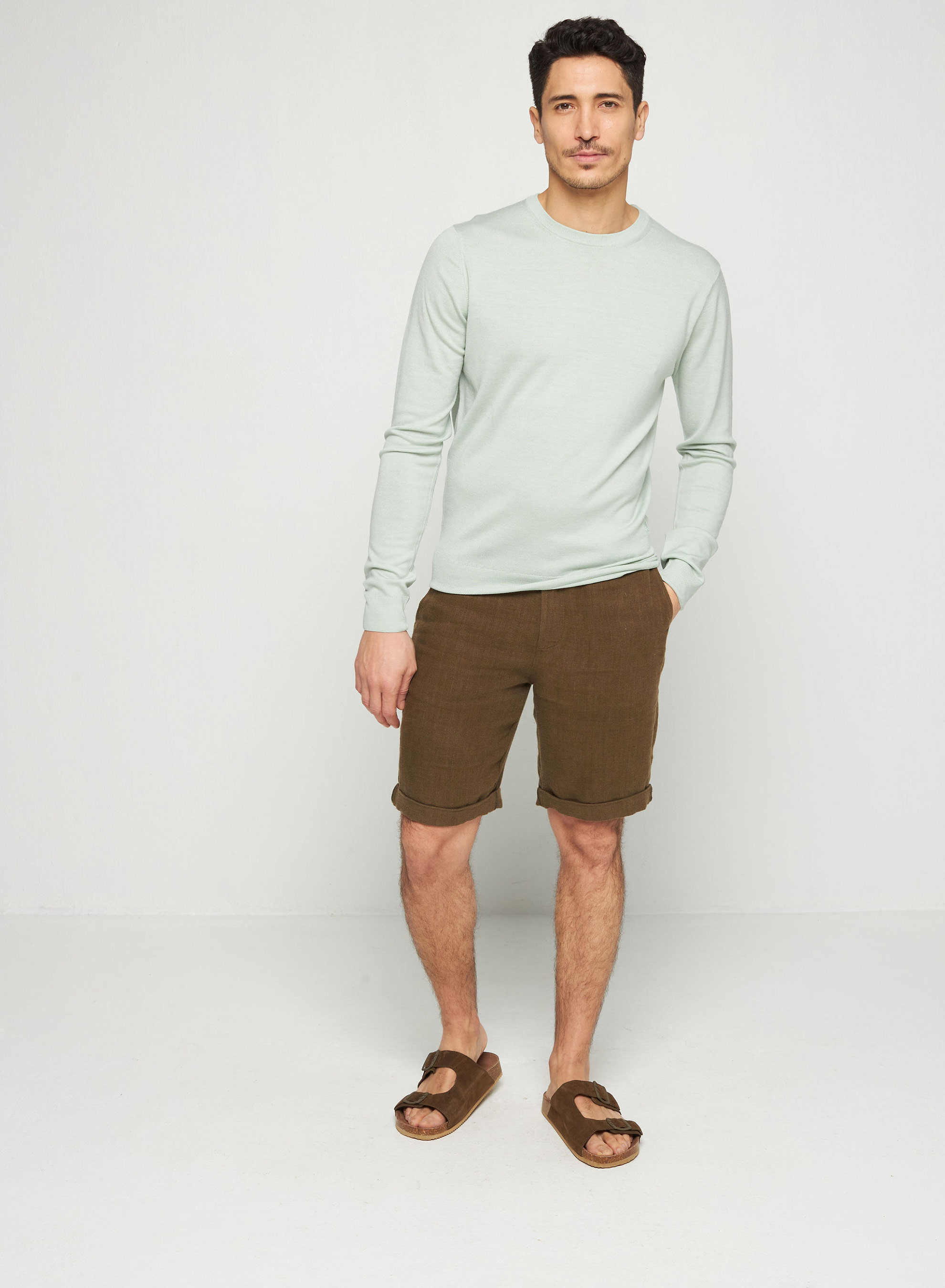 Pull col rond avec logo en laine mérinos - Eddie 7651 sauge - 23 Vert clair