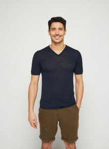 T-shirt col V en lin flammé - Reuben 7640 marine - 05 Bleu marine