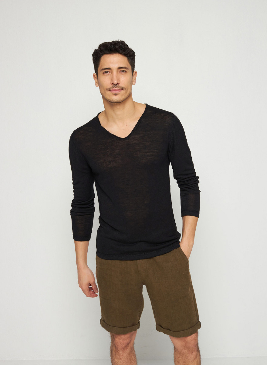 Flamed linen tunisian collar t-shirt - Blayne