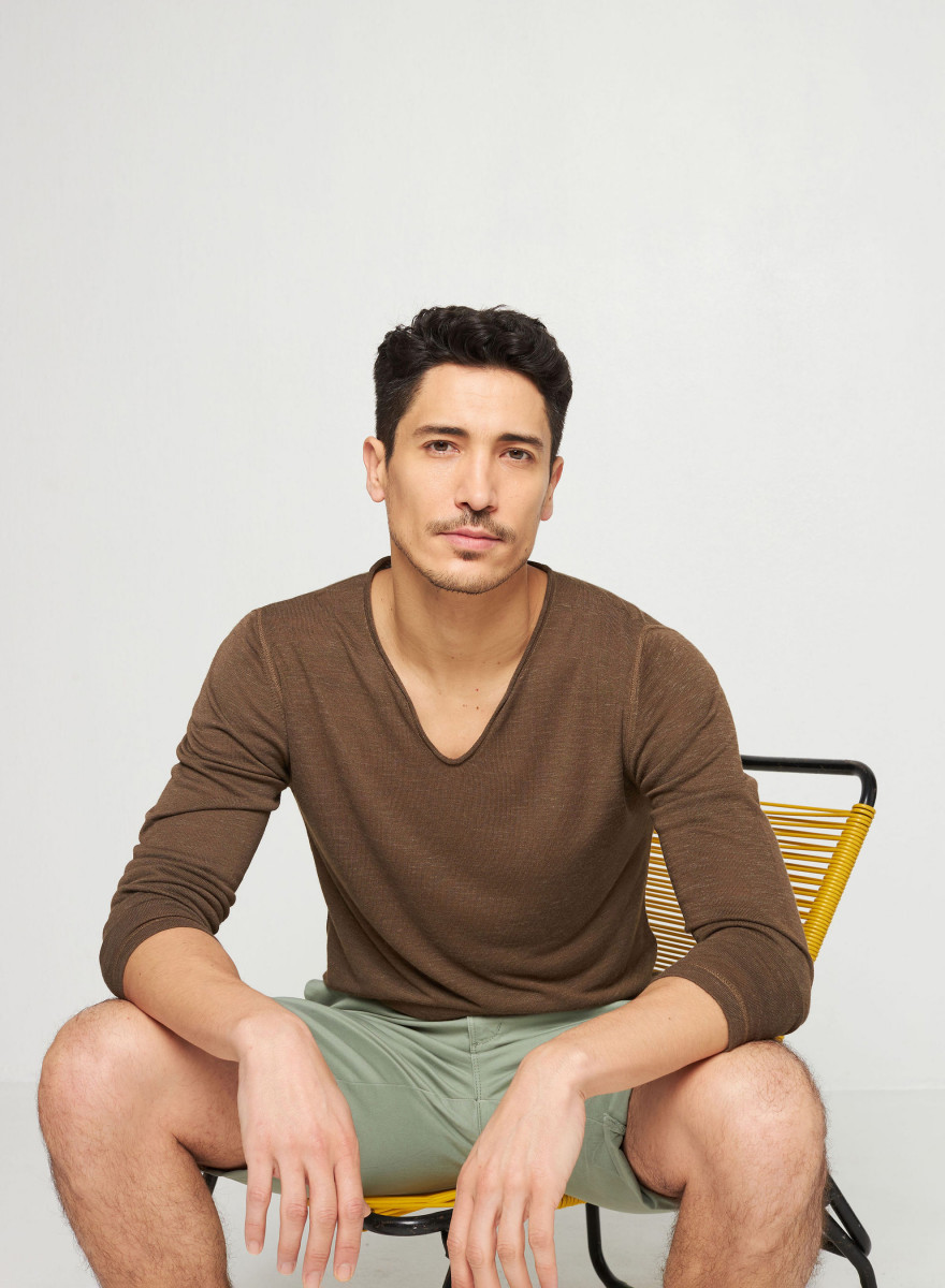 Flamed linen tunisian collar t-shirt - Blayne