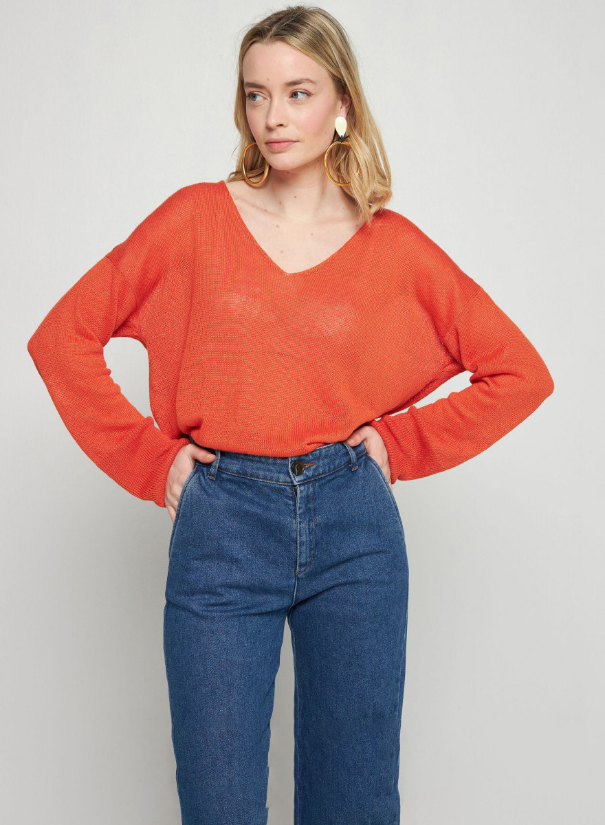 Pull oversize col V en lin - Tiphaine 7670 tangerine - 15 Orange